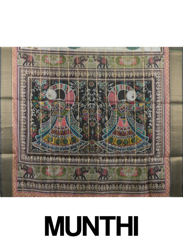 Cream and grey semi tussar saree with gold zari stripes and folk-art printed pallu