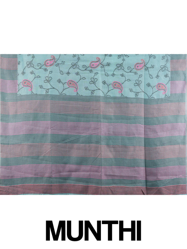 Aqua blue linen cotton saree with pink kantha paisley embroidery and contrast striped border
