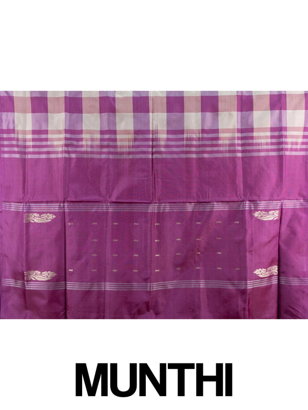 Purple and beige checked banana silk saree with gold zari pallu and magenta border