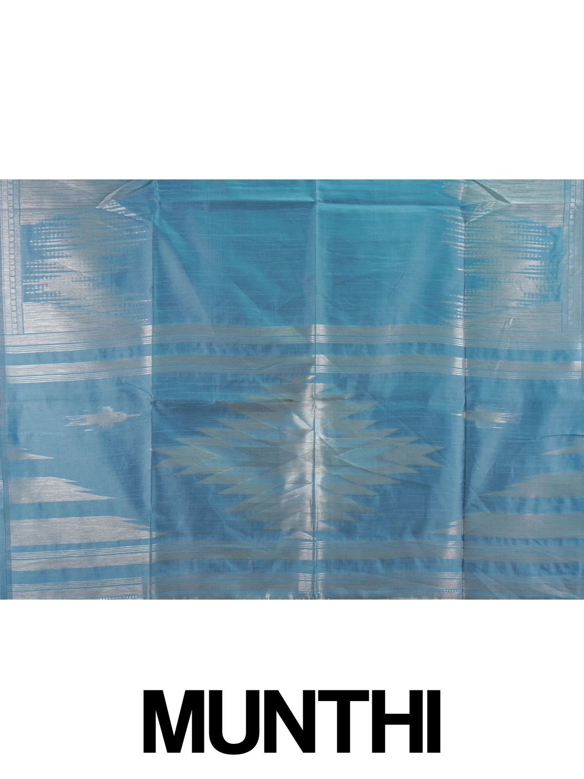 Blue semi tussar saree with silver zari vertical streaks, woven zari border and temple-motif pallu