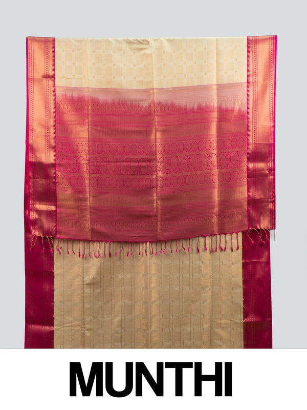 Cream Kanchipuram fancy silk saree with contrast pink gold zari border and woven pallu