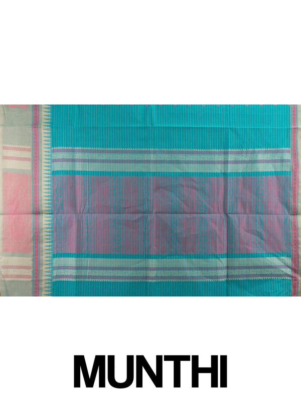 Teal green linen cotton saree with gold zari stripes, pink buti motifs and contrast grey temple border