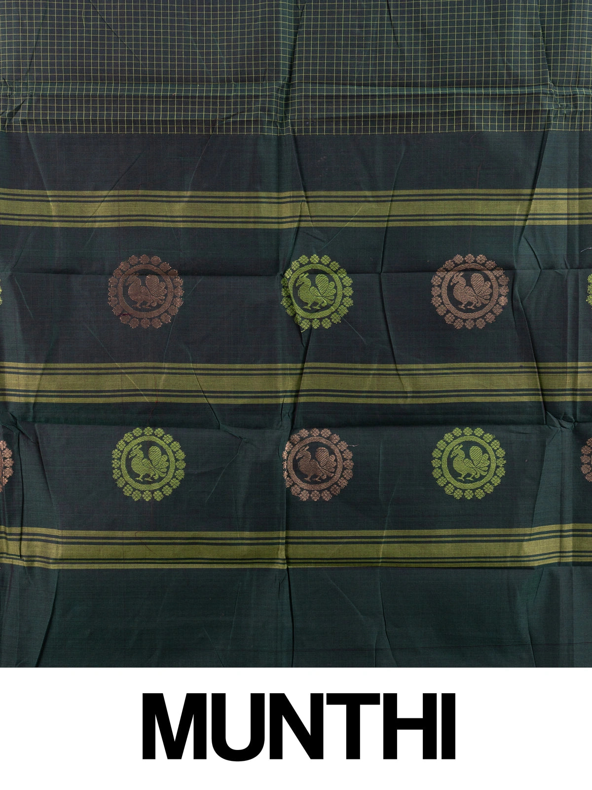 Green Chettinad cotton saree with yellow checks and a magenta gold zari peacock border