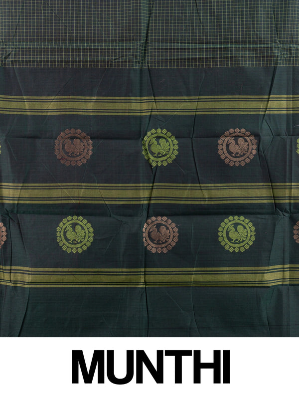 Green Chettinad cotton saree with yellow checks and a magenta gold zari peacock border