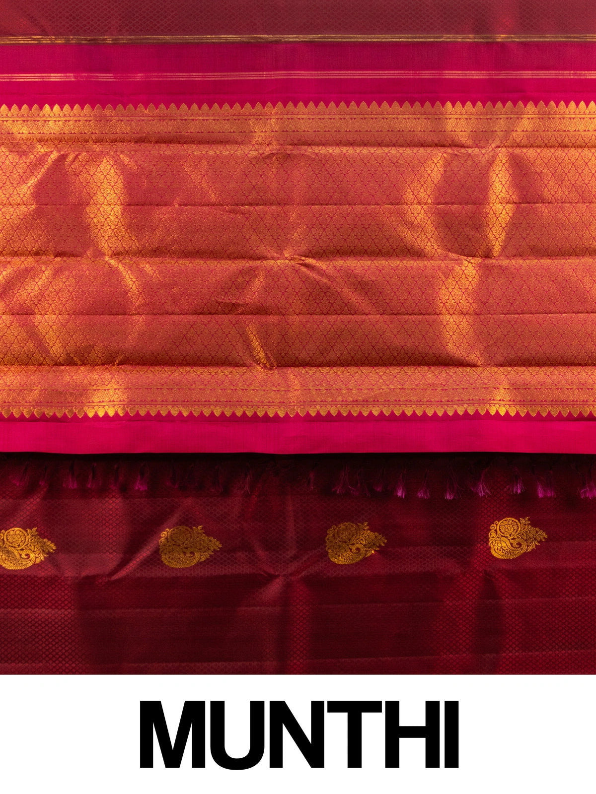 Maroon pure Kanchipuram silk saree with contrast pink and gold zari border and paisley buttas
