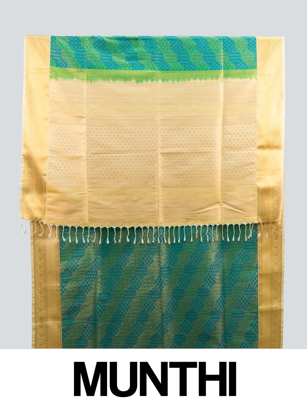 Green and gold Kanchipuram Fancy Silk saree with contrast gold zari border and woven pallu