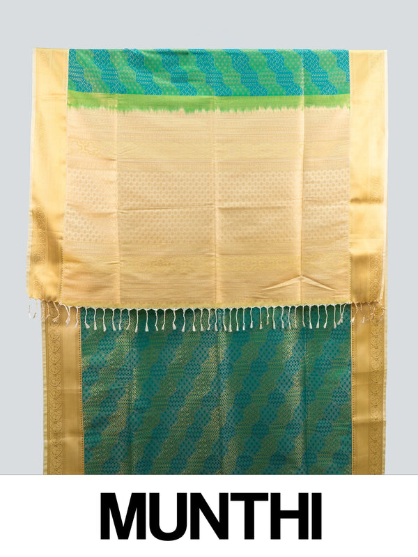 Green and gold Kanchipuram Fancy Silk saree with contrast gold zari border and woven pallu