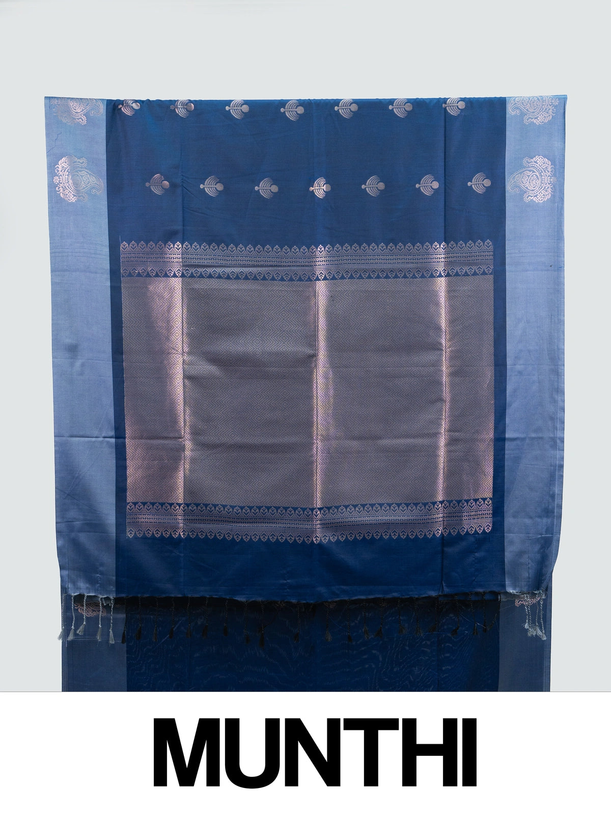 Navy blue Kanchipuram Fancy Silk saree with silver zari buttas and contrast light-blue border