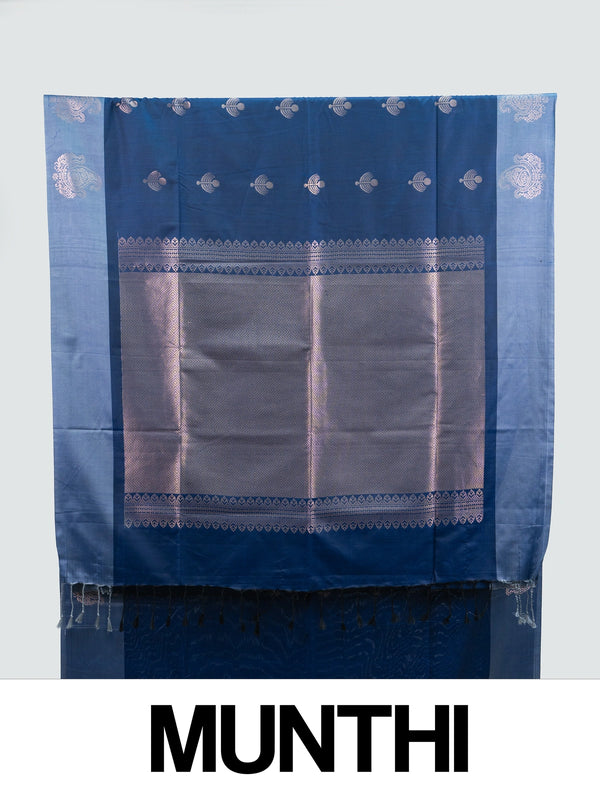 Navy blue Kanchipuram Fancy Silk saree with silver zari buttas and contrast light-blue border