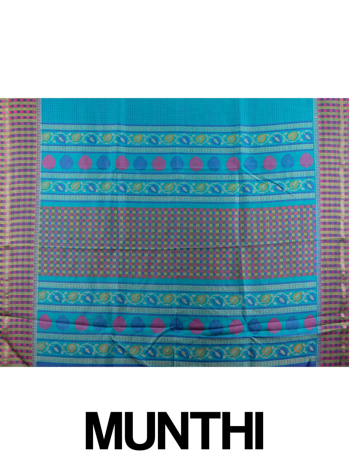 Peacock blue Dola silk saree with contrast multicoloured checked border and patterned pallu