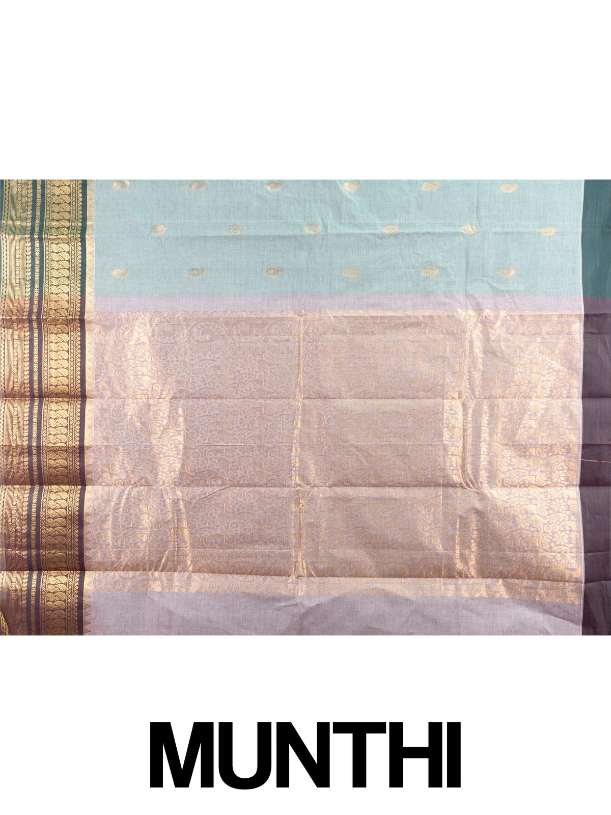 Sage green Chettinad cotton saree with teal gold zari contrast border and paisley buttas