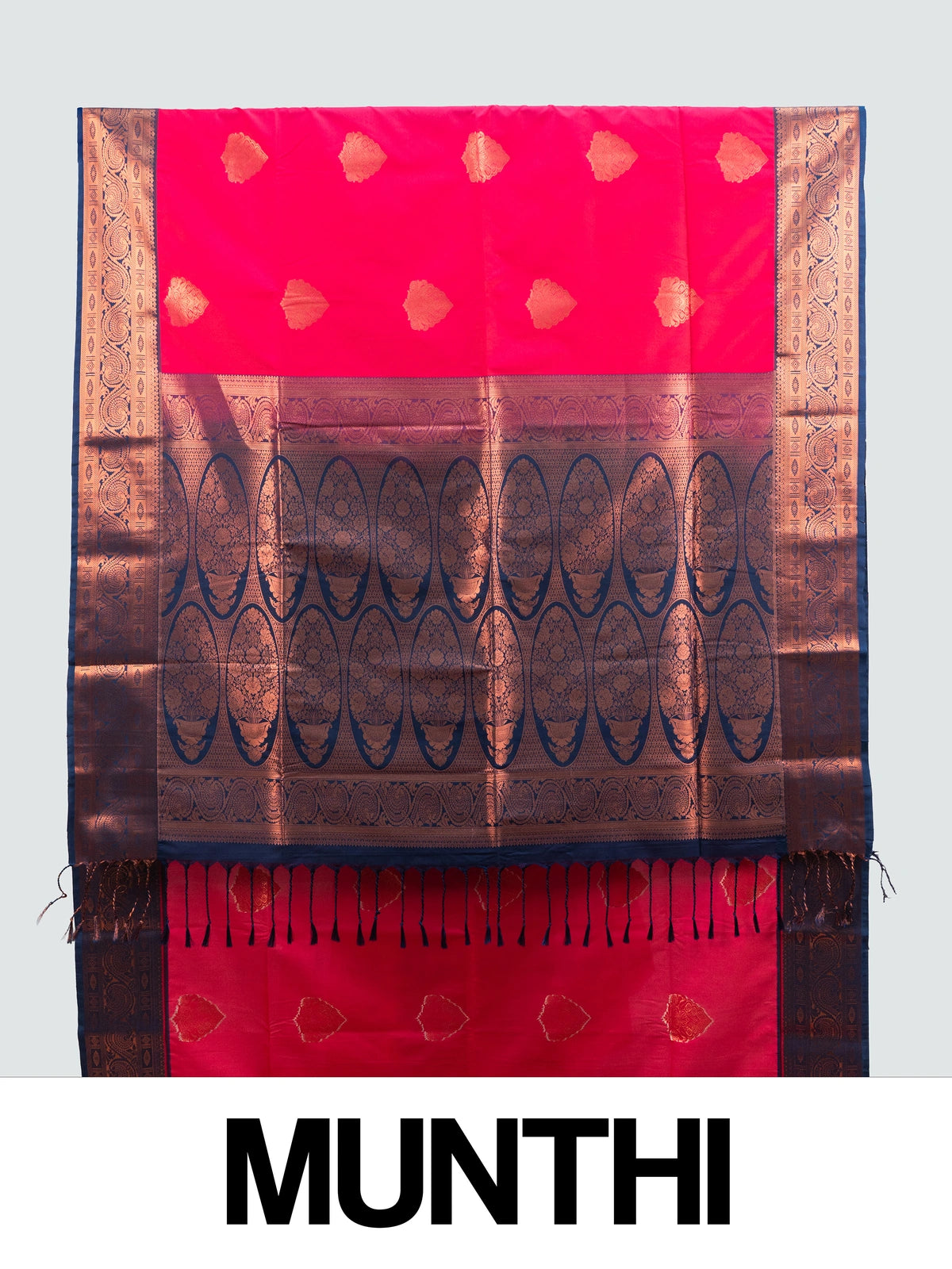 Red Kanchipuram Fancy Silk saree with navy blue contrast border and copper zari pallu