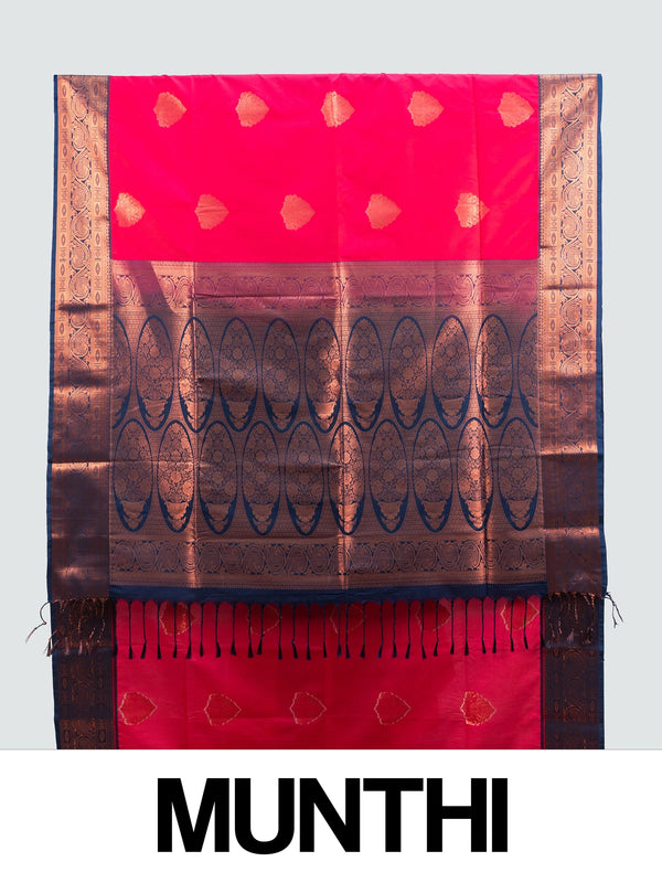 Red Kanchipuram Fancy Silk saree with navy blue contrast border and copper zari pallu