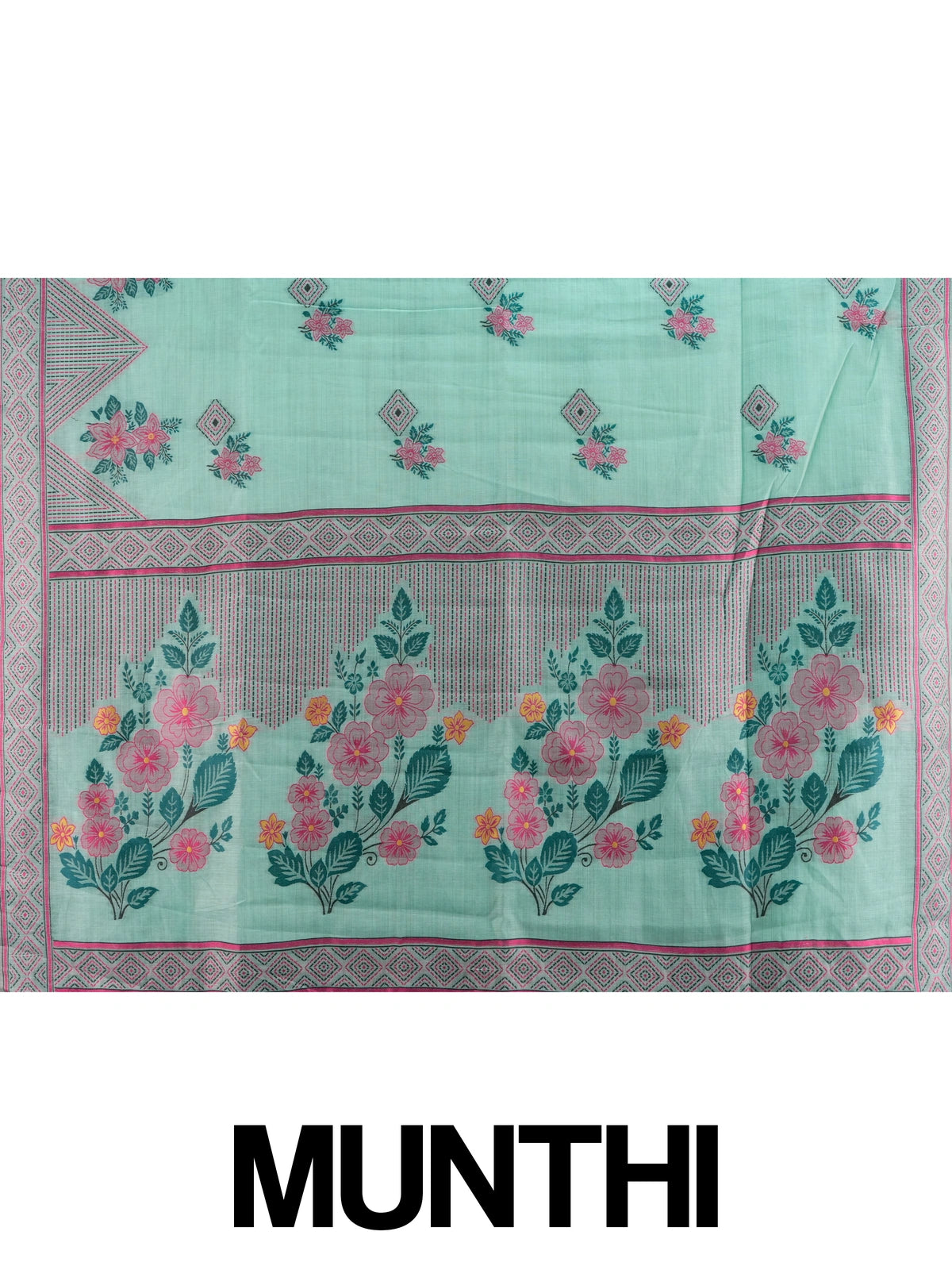 Mint green linen cotton saree with pink floral prints and geometric diamond border