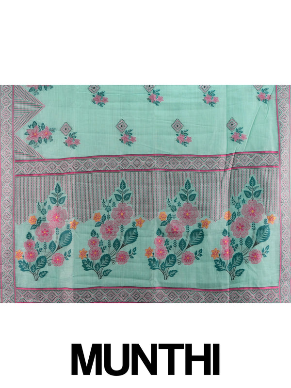 Mint green linen cotton saree with pink floral prints and geometric diamond border