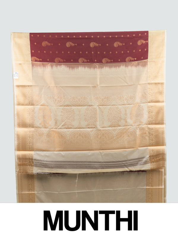 Maroon semi silk saree with gold zari paisley butis and contrast cream zari border