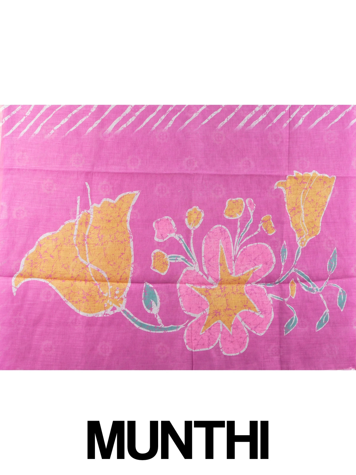 Pink and white leheriya linen cotton saree with batik floral pallu and gold zari border