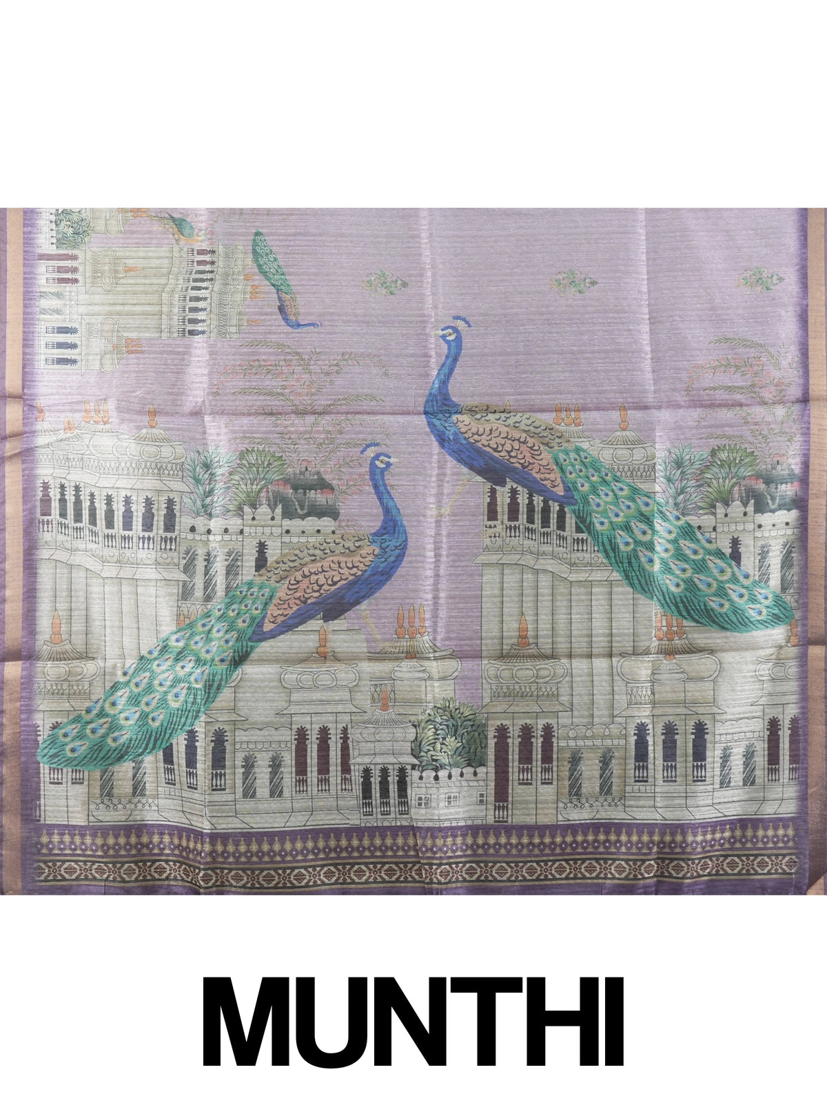 Lavender semi tussar saree with purple gold zari border and peacock and palace printed pallu
