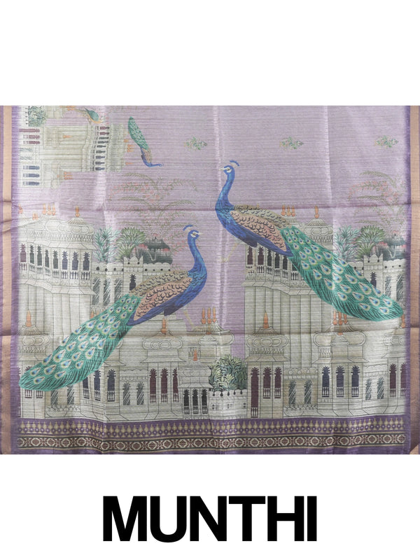 Lavender semi tussar saree with purple gold zari border and peacock and palace printed pallu