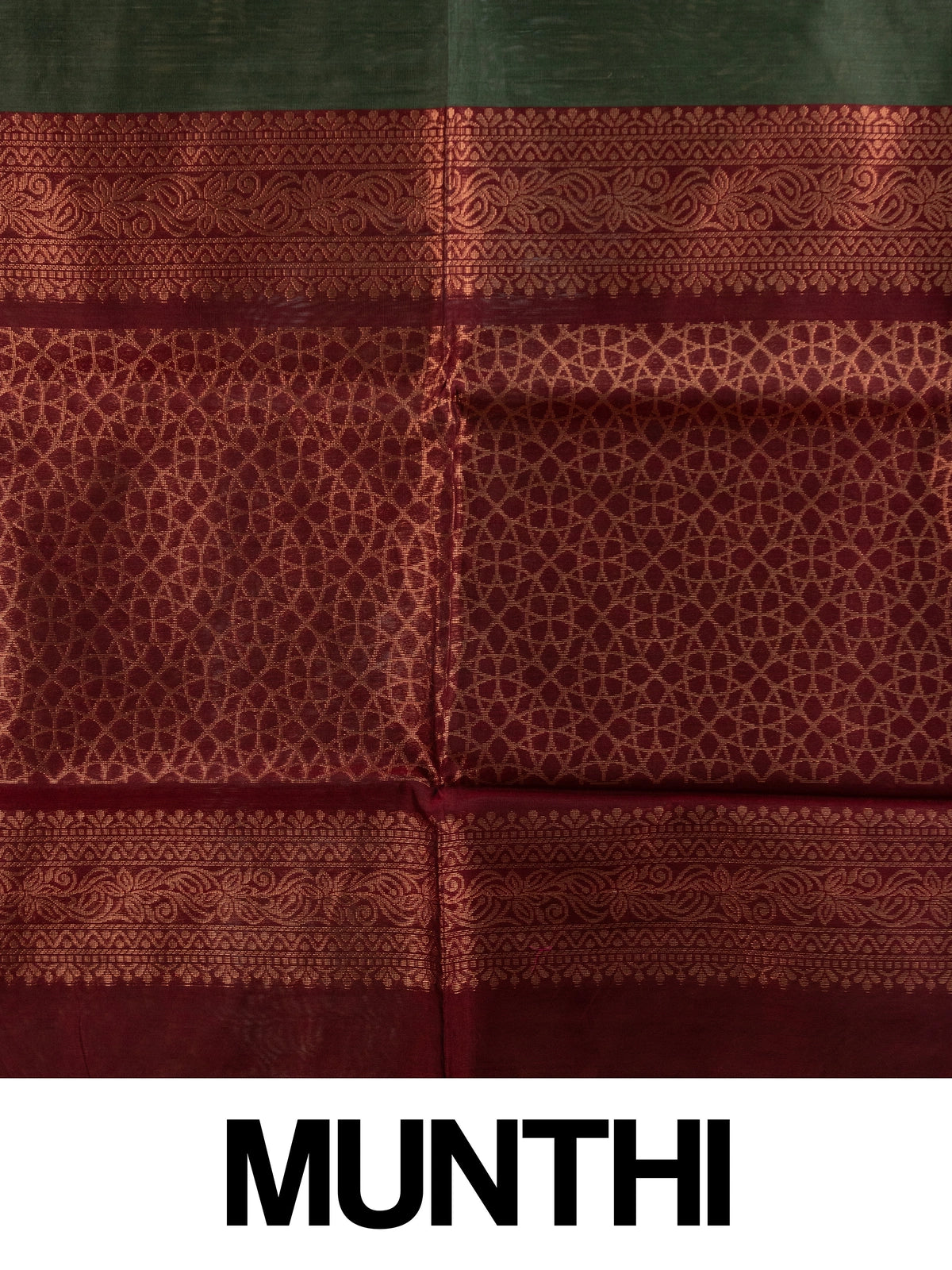 Dark green silk cotton saree with copper zari buttas and contrast maroon border and pallu