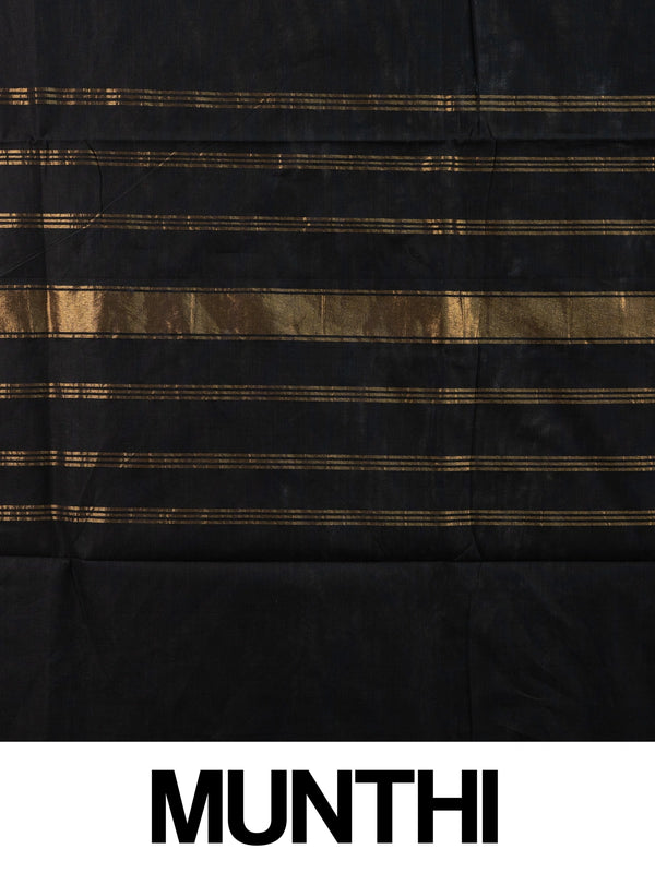 Black Chettinad cotton saree with purple gold zari contrast border and striped pallu