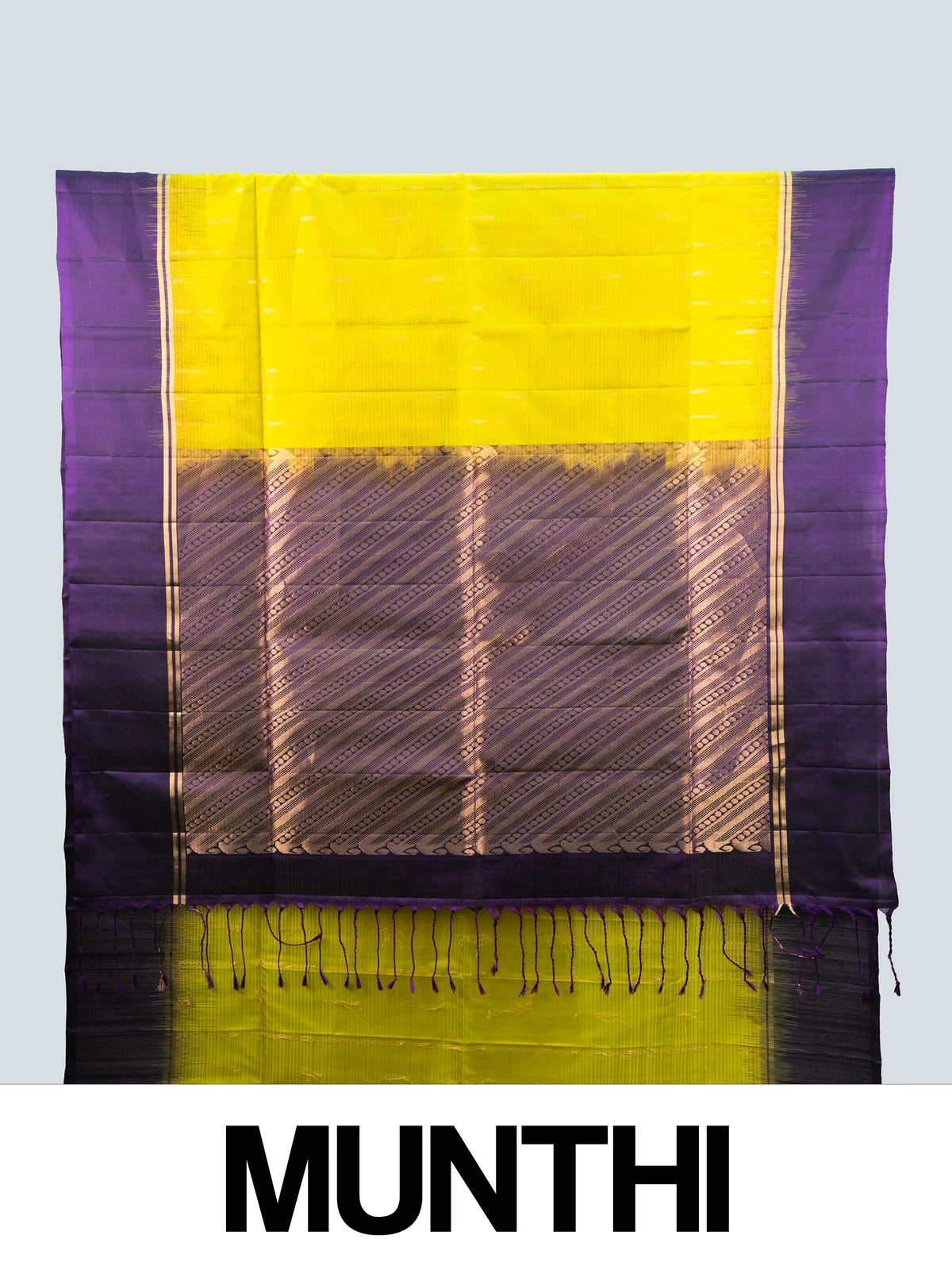 Lime green soft silk saree with purple contrast border and gold zari pallu