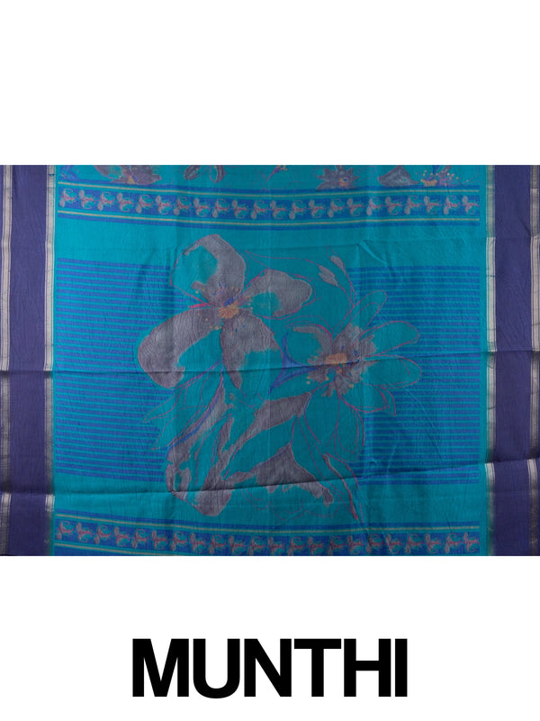 Teal blue Dola silk saree with floral prints, contrast navy zari border and yellow blouse
