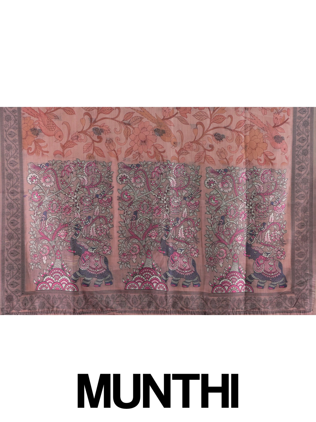 Peach and grey floral printed linen cotton saree with Kalamkari-style parrot motifs and contrast border