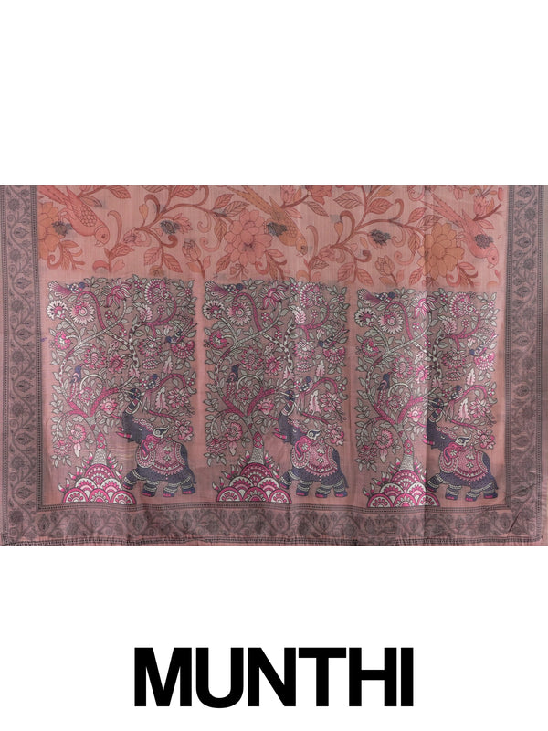 Peach and grey floral printed linen cotton saree with Kalamkari-style parrot motifs and contrast border