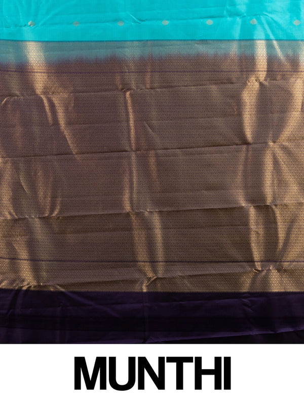 Teal Pure Kanchipuram silk saree with contrast purple and gold zari border and pallu