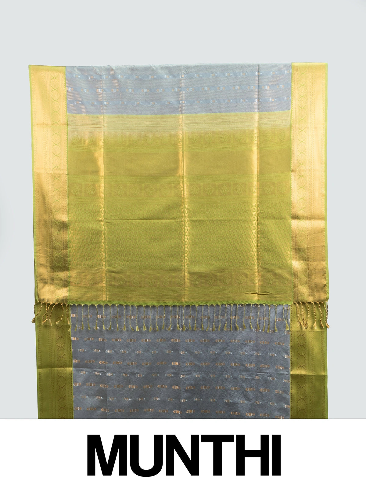 Grey Kanchipuram fancy silk saree with lime green and gold contrast zari border and buttas
