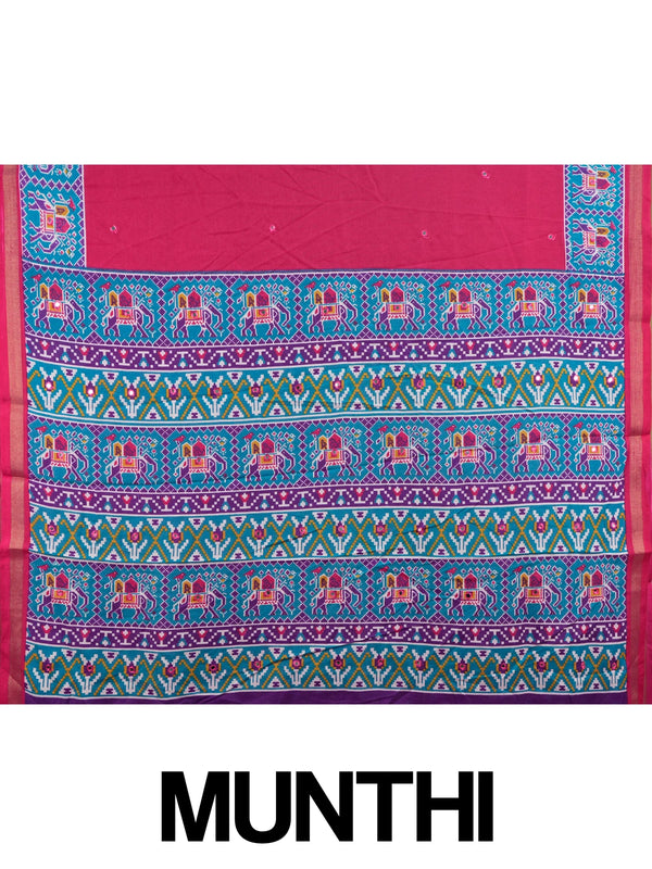 Rani pink linen cotton saree with teal and purple patola elephant border and mirror-work body