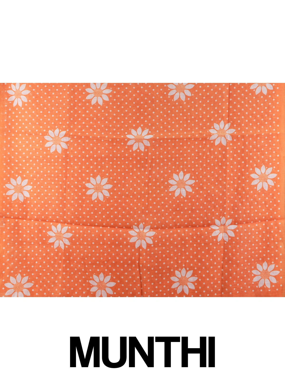 Orange linen cotton saree with white polka dots, floral motifs and a thin gold border