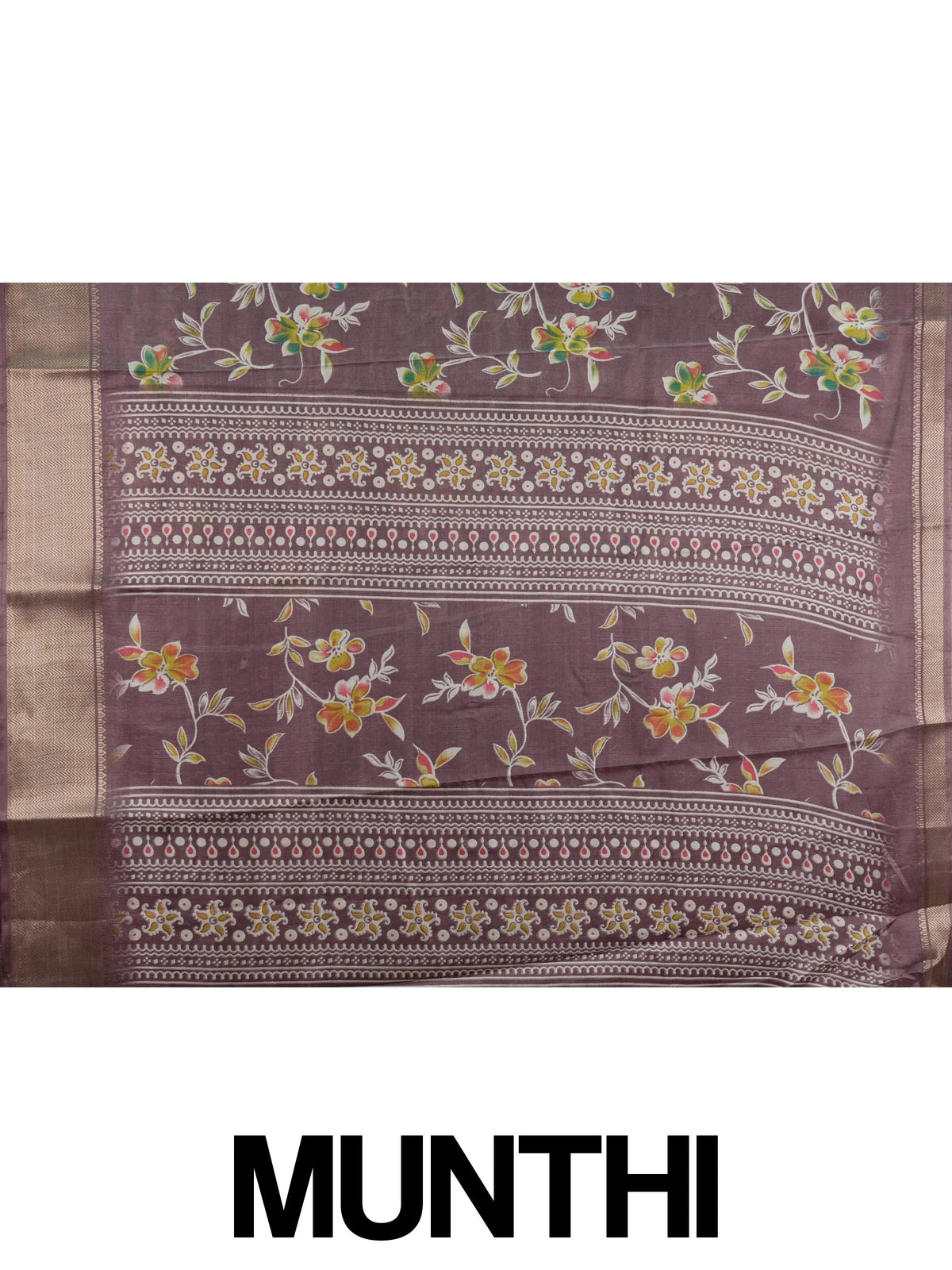 Mauve Dola silk saree with multicoloured floral print, gold zari border and yellow contrast blouse