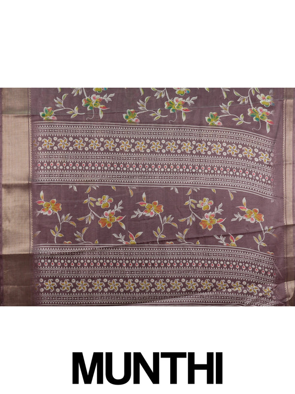 Mauve Dola silk saree with multicoloured floral print, gold zari border and yellow contrast blouse