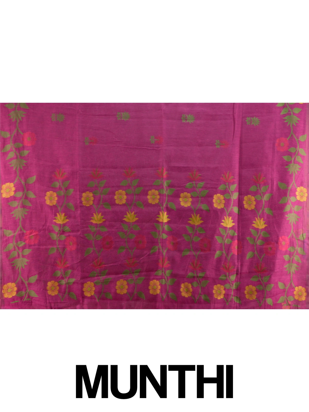Magenta pink linen cotton saree with woven multicolour floral motifs and floral vine pallu