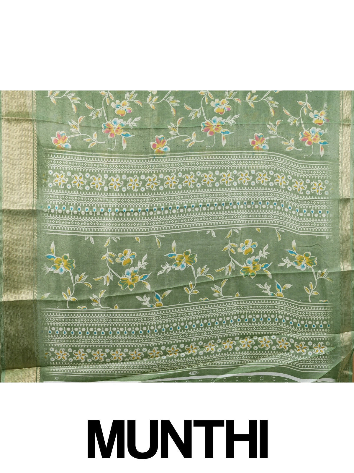 Green floral printed designer saree with gold zari border and decorative pallu