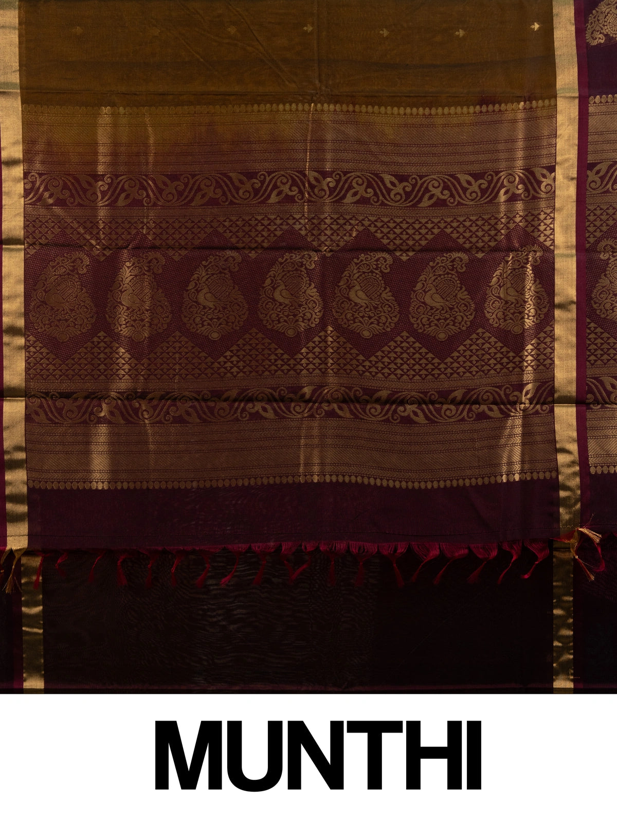 Mehendi-green silk cotton saree with maroon contrast border and gold zari peacock pallu