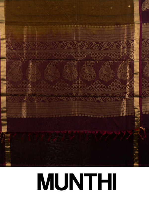 Mehendi-green silk cotton saree with maroon contrast border and gold zari peacock pallu