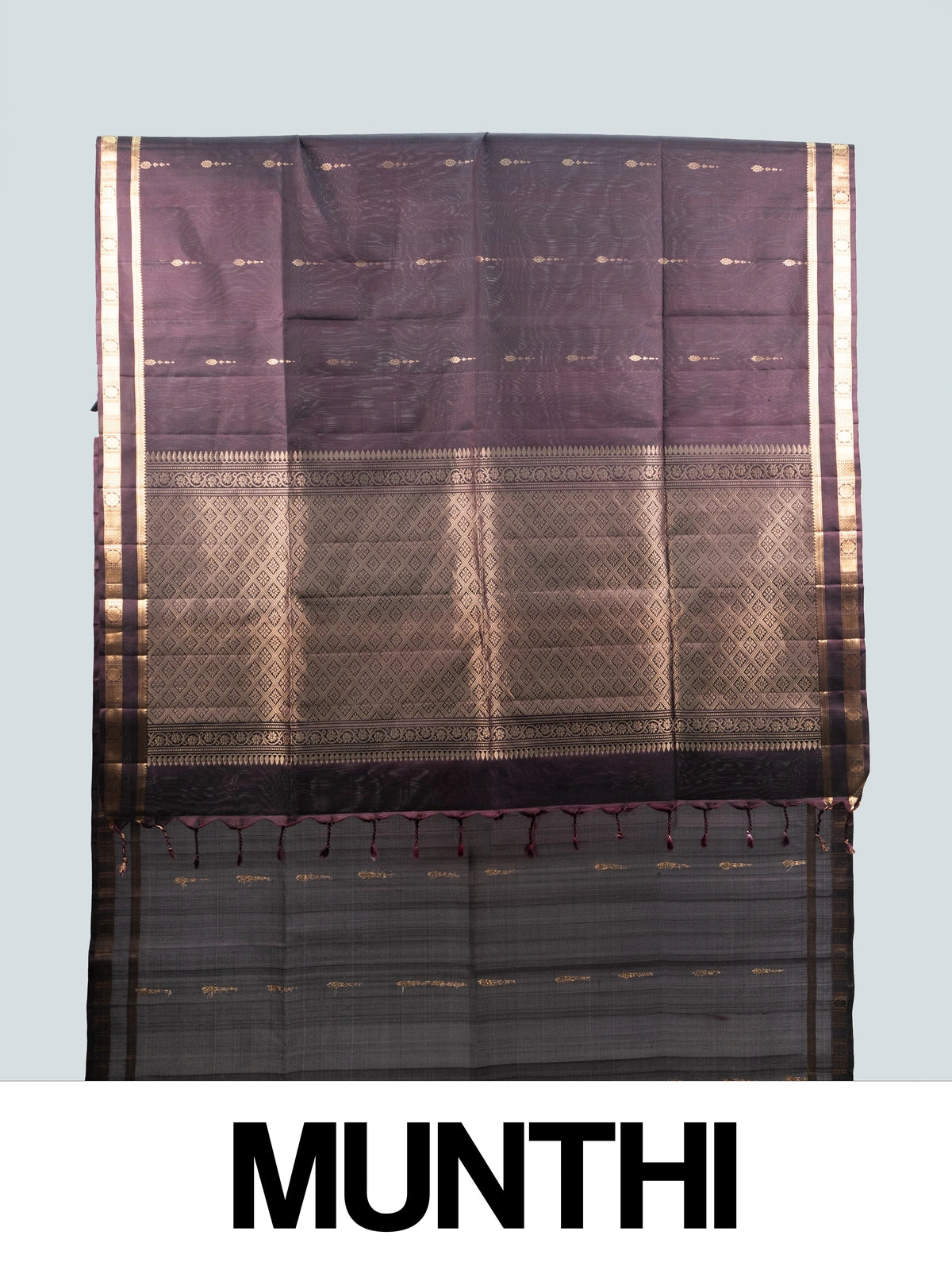 Deep aubergine soft silk saree with gold zari buttis, zari border and woven contrast pallu