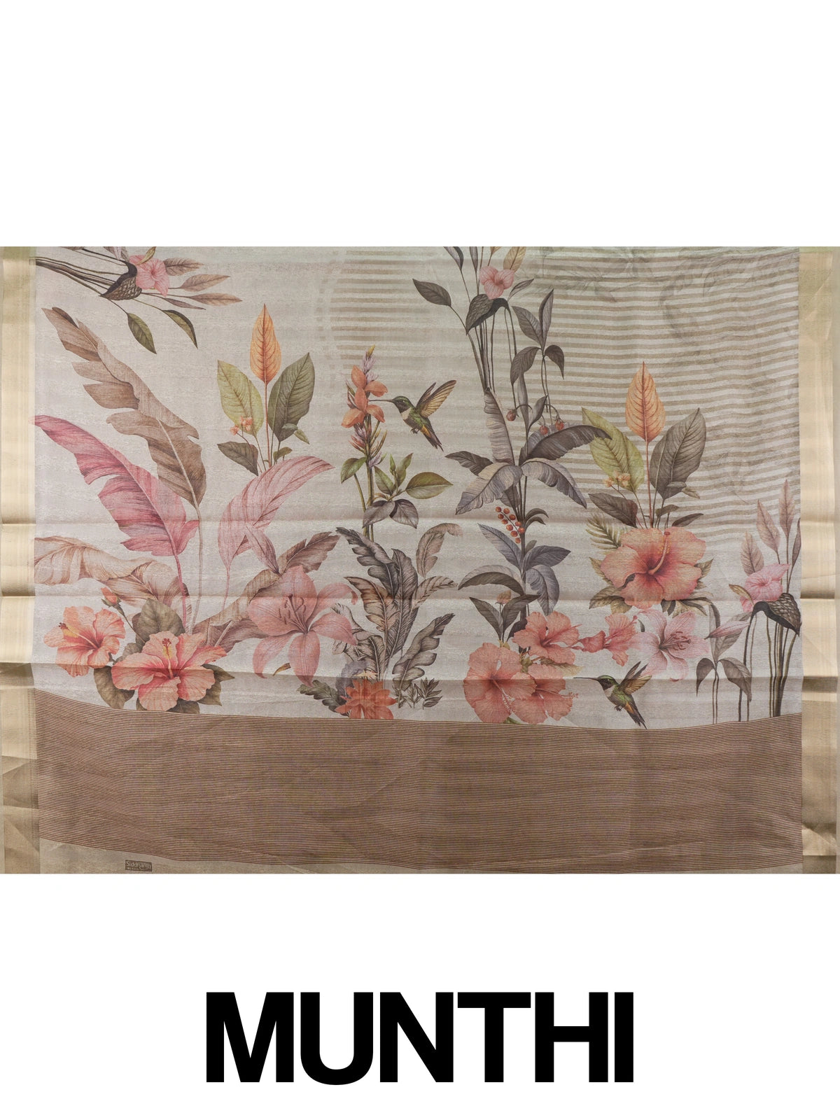 Beige linen cotton saree with tropical floral hummingbird print and gold zari border