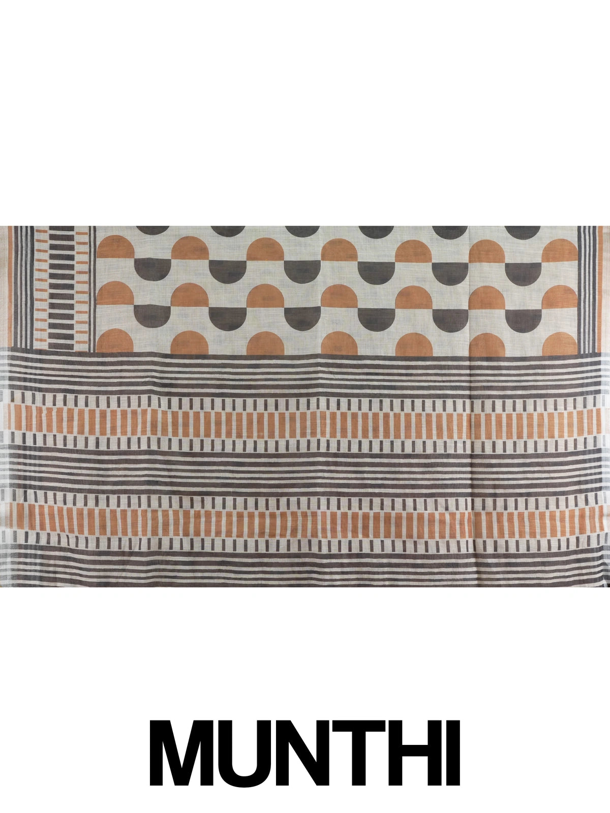 Cream and rust geometric print linen cotton saree with striped border and contrasting blouse