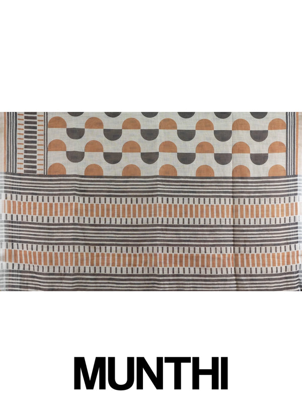 Cream and rust geometric print linen cotton saree with striped border and contrasting blouse