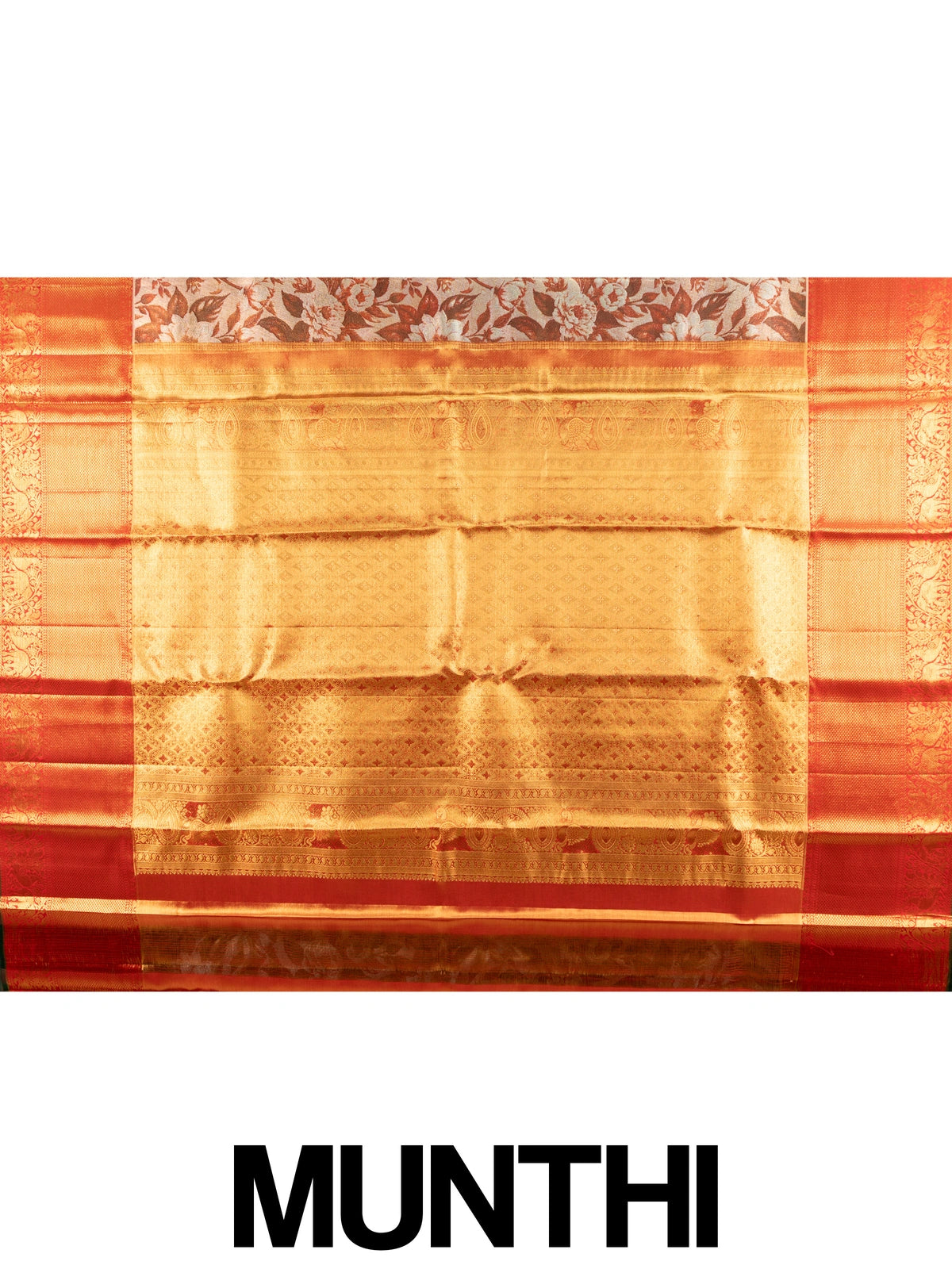 Cream and orange pure Kanchipuram silk saree with floral printed body and gold zari contrast border
