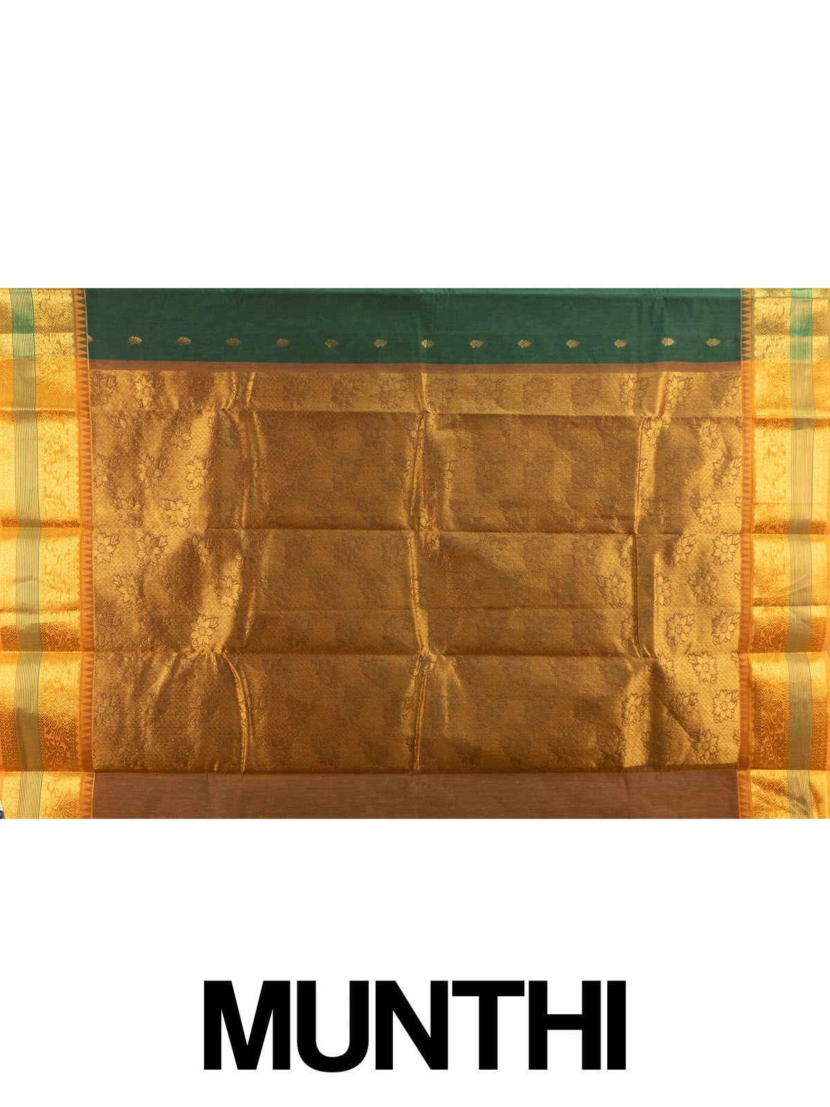 Dark green Chettinad cotton saree with gold zari temple border and woven zari pallu