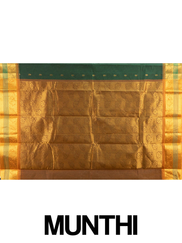 Dark green Chettinad cotton saree with gold zari temple border and woven zari pallu