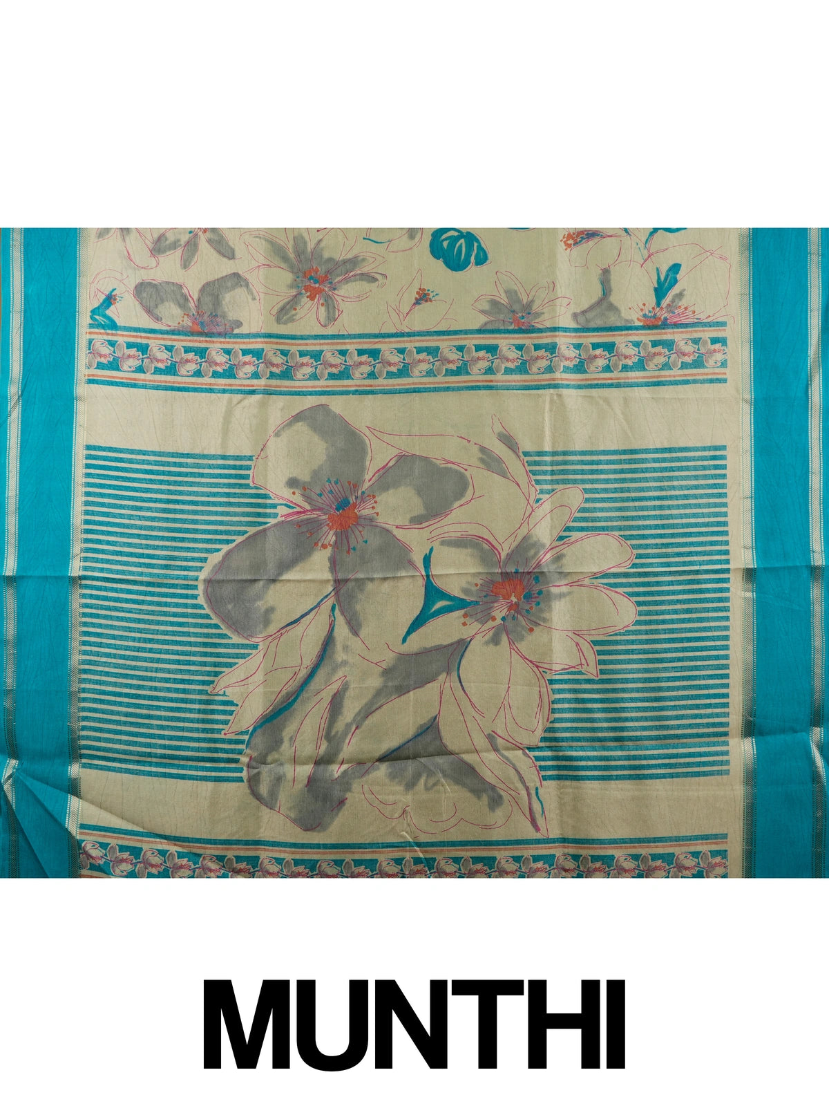 Beige and teal Dola silk saree with floral print and gold zari teal border
