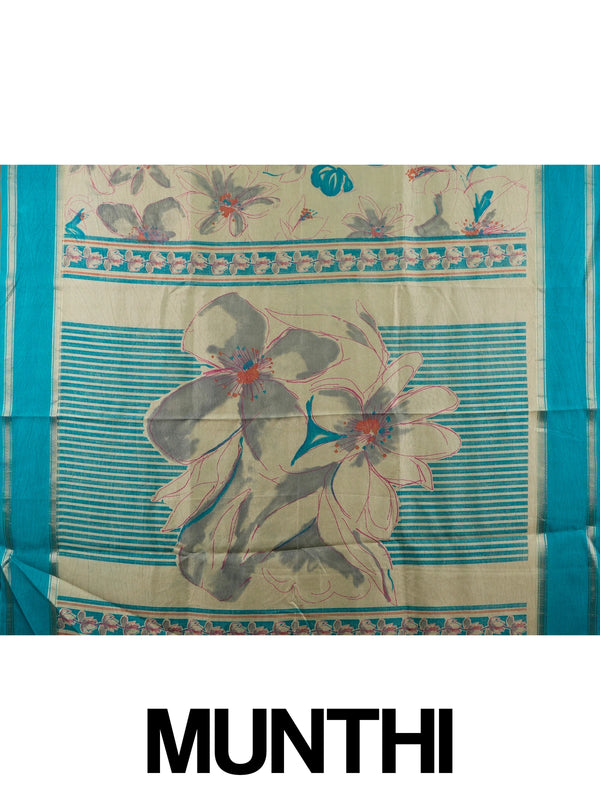 Beige and teal Dola silk saree with floral print and gold zari teal border