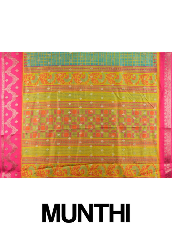 Green Dola silk saree with golden checks, contrast pink zari border and ornate orange-yellow pallu