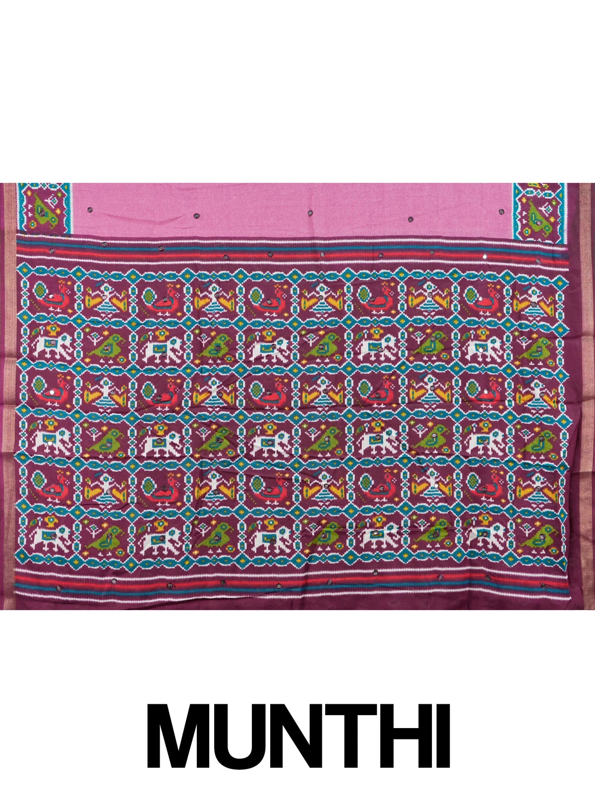 Mauve pink linen cotton saree with contrast maroon patola-print border, mirror work and multicolour ikat pallu